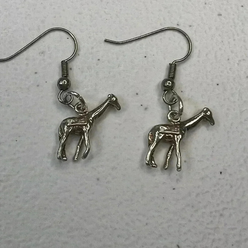 Sterling Silver 925 Giraffe 3D Dangle Drop Hook‎ Earrings Vintage Animal Cute
